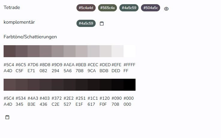 Values of the colors in different spaces including shades